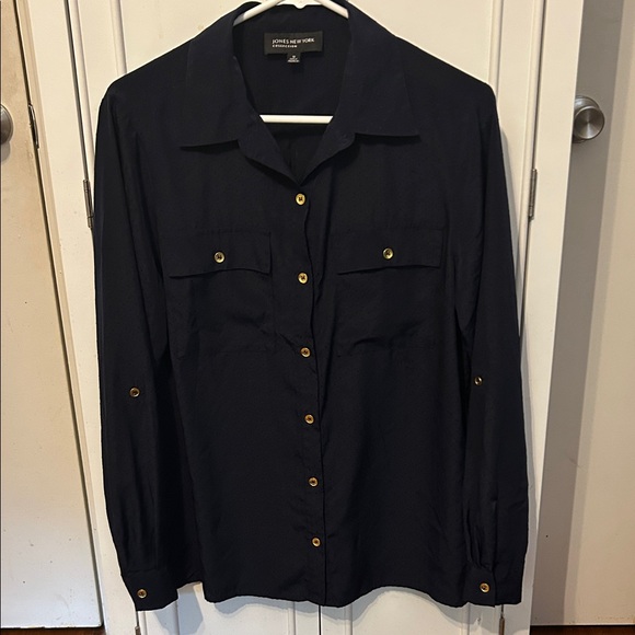 Jones New York Navy Blouse with Gold Accents - Picture 1 of 7